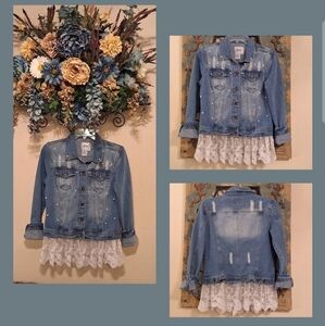 Live a Little Blue Denim Jacket with White Lace Trim and Pearls. NWOT Size Med